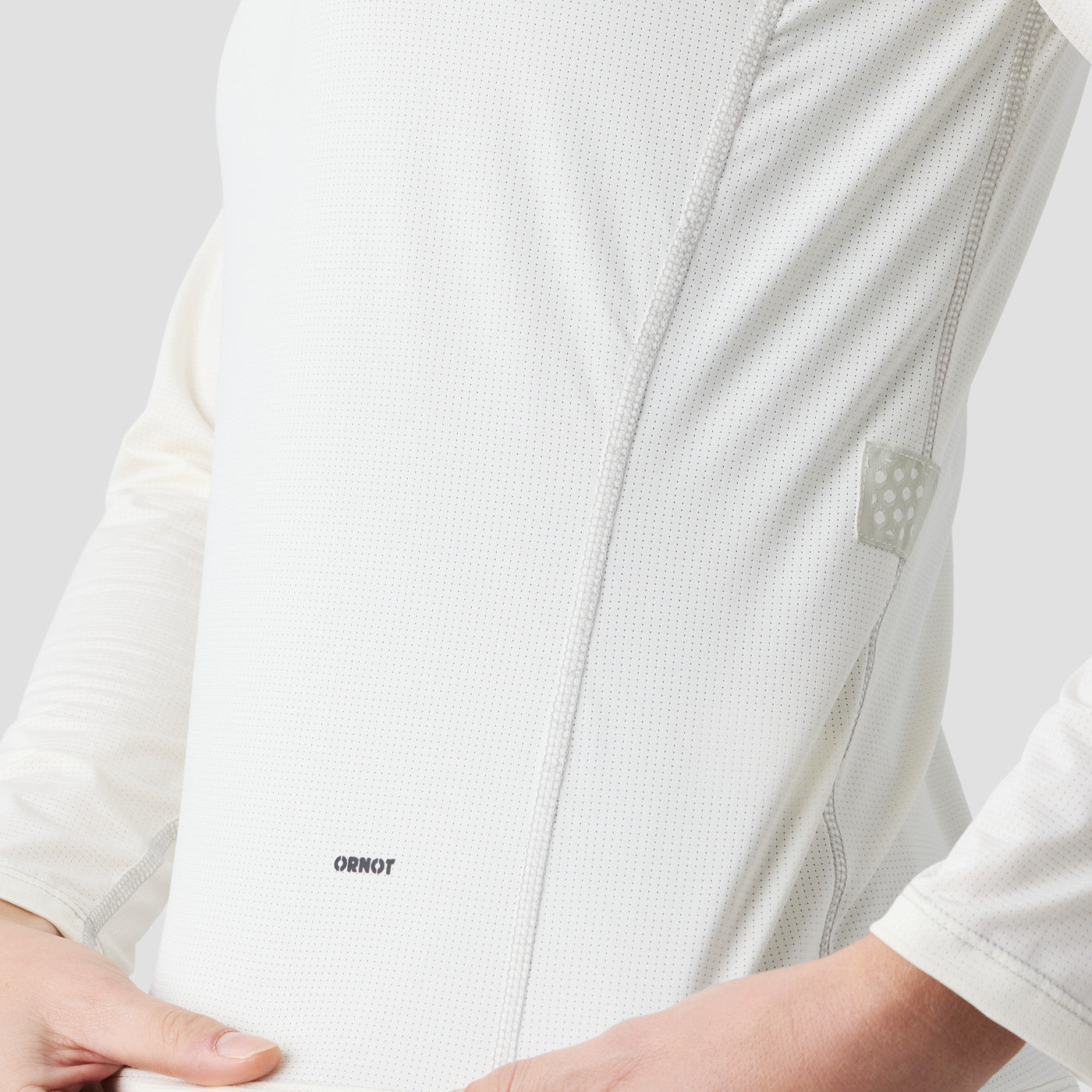 Side view of women's Oat UV Trail Shirt by Ornot, UPF 30 sun protection cycling top cut and sewn in California